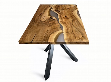 Table en noyer avec résine teintée gris translucide - ZenWood